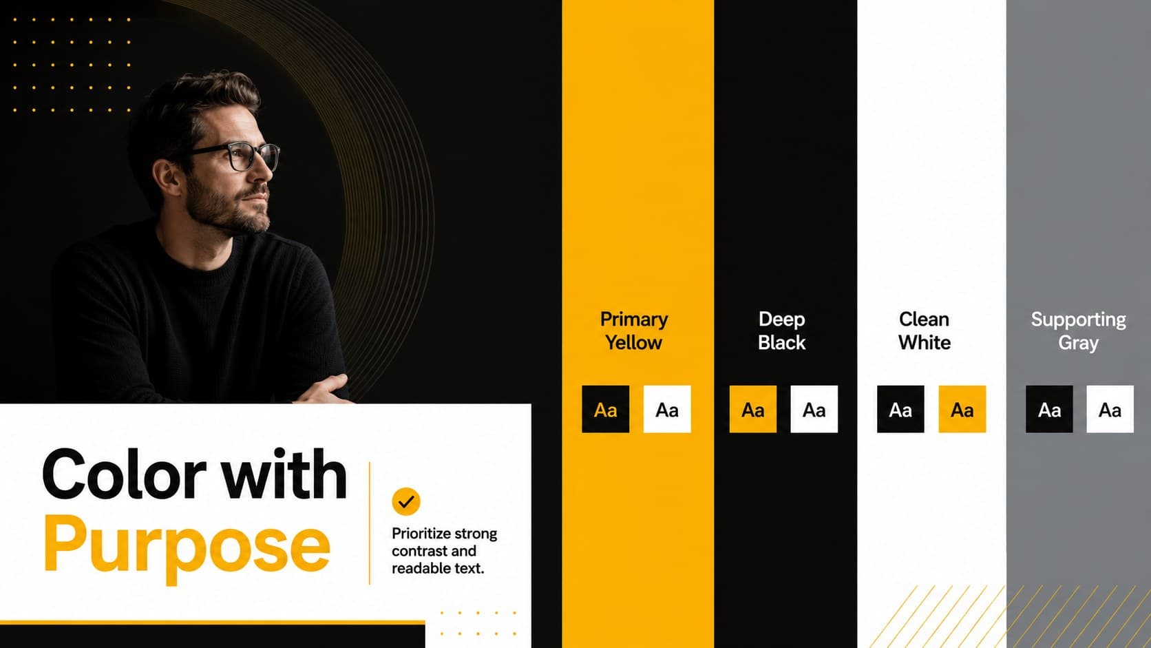 Yellow brand color palette slide with primary, supporting, neutral, and accessibility guidance.