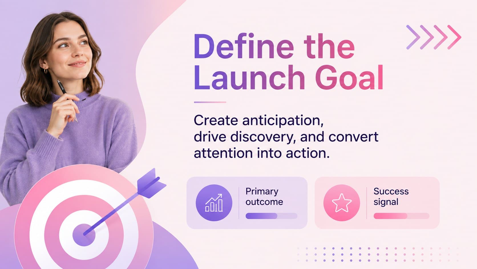Social launch strategy slide presenting a campaign objective, promise, and measurable target.