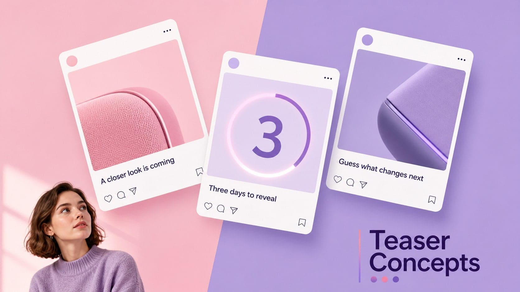 Pre-launch teaser strategy slide with product detail, countdown, and curiosity-led post concepts.