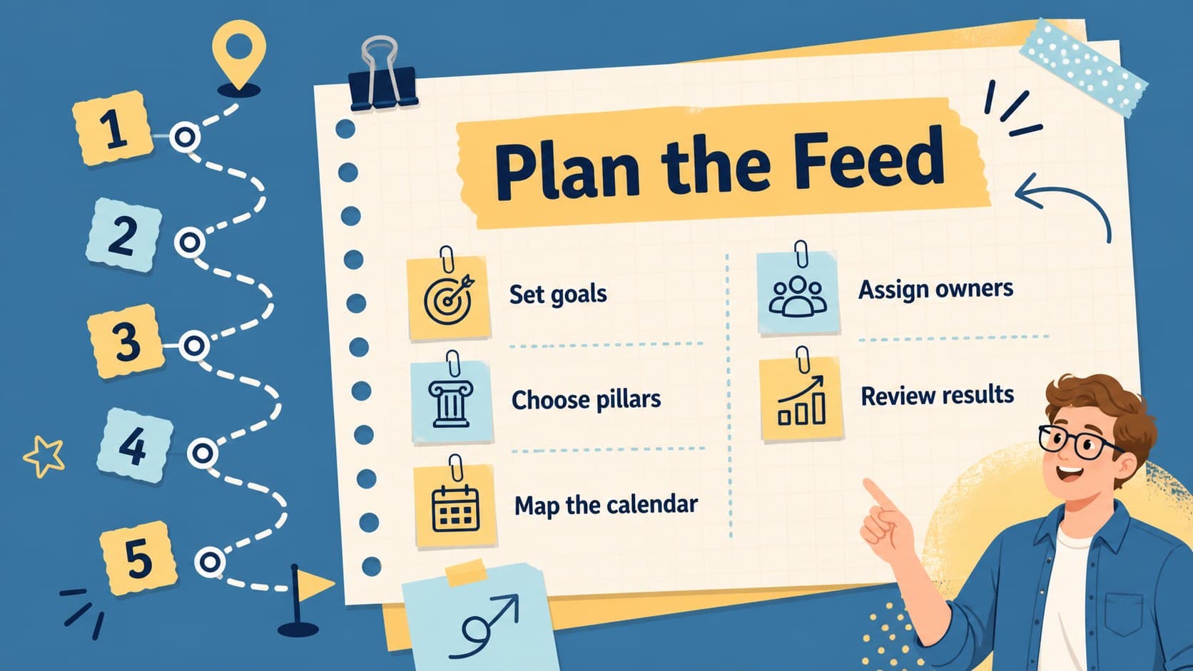 Agenda slide outlining campaign goals, content pillars, publishing dates, and review steps.