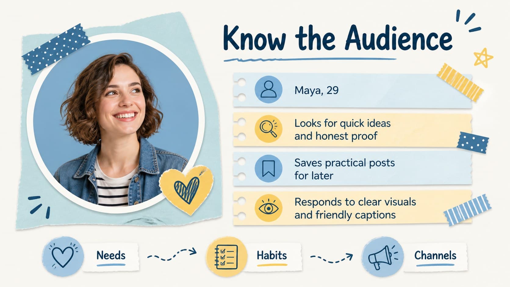 Audience profile slide presenting a fictional follower persona and social media behavior insights.