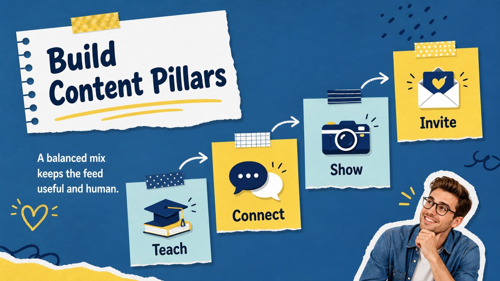 Content pillars slide organizing educational, community, promotional, and behind-the-scenes post themes.