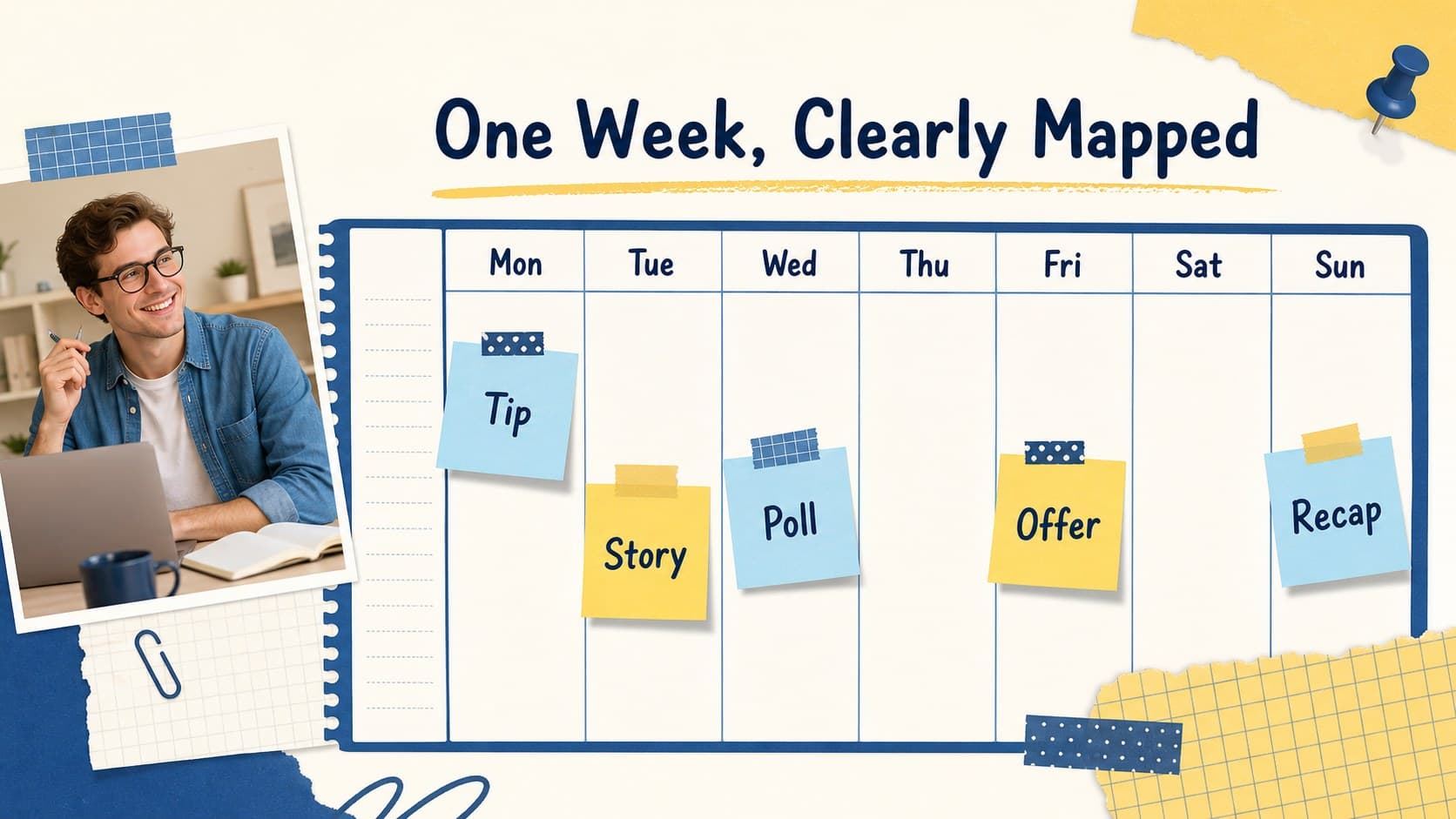Editorial calendar slide mapping social media posts across a sample weekly schedule.