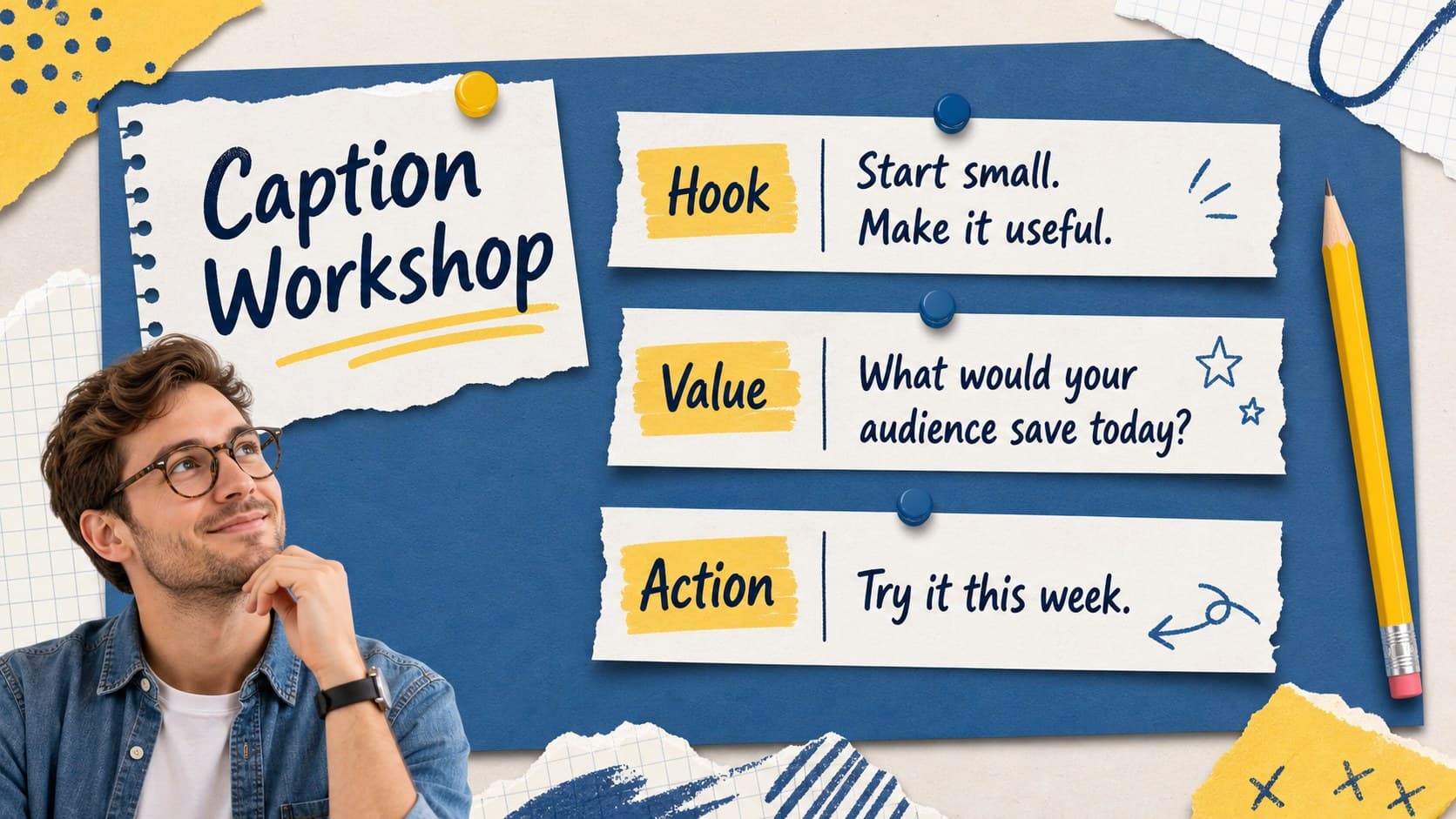 Caption workshop slide displaying headline options, supporting copy, and a clear call to action.