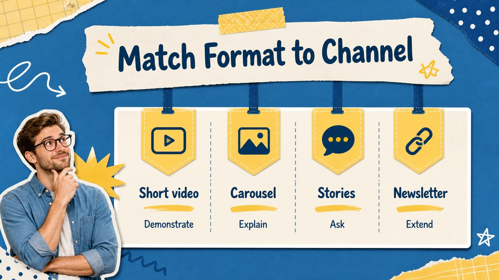 Platform planning slide comparing content formats and publishing roles across social channels.
