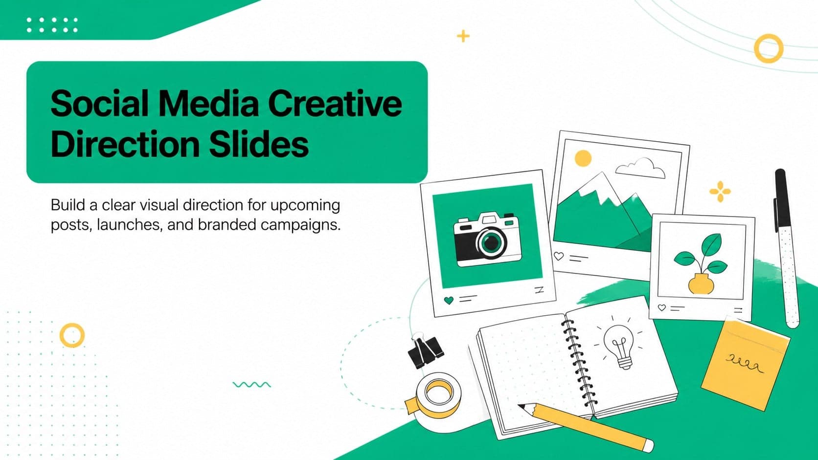 Cover for Social Media Creative Direction Slides with green and yellow illustrations on a clean white background.
