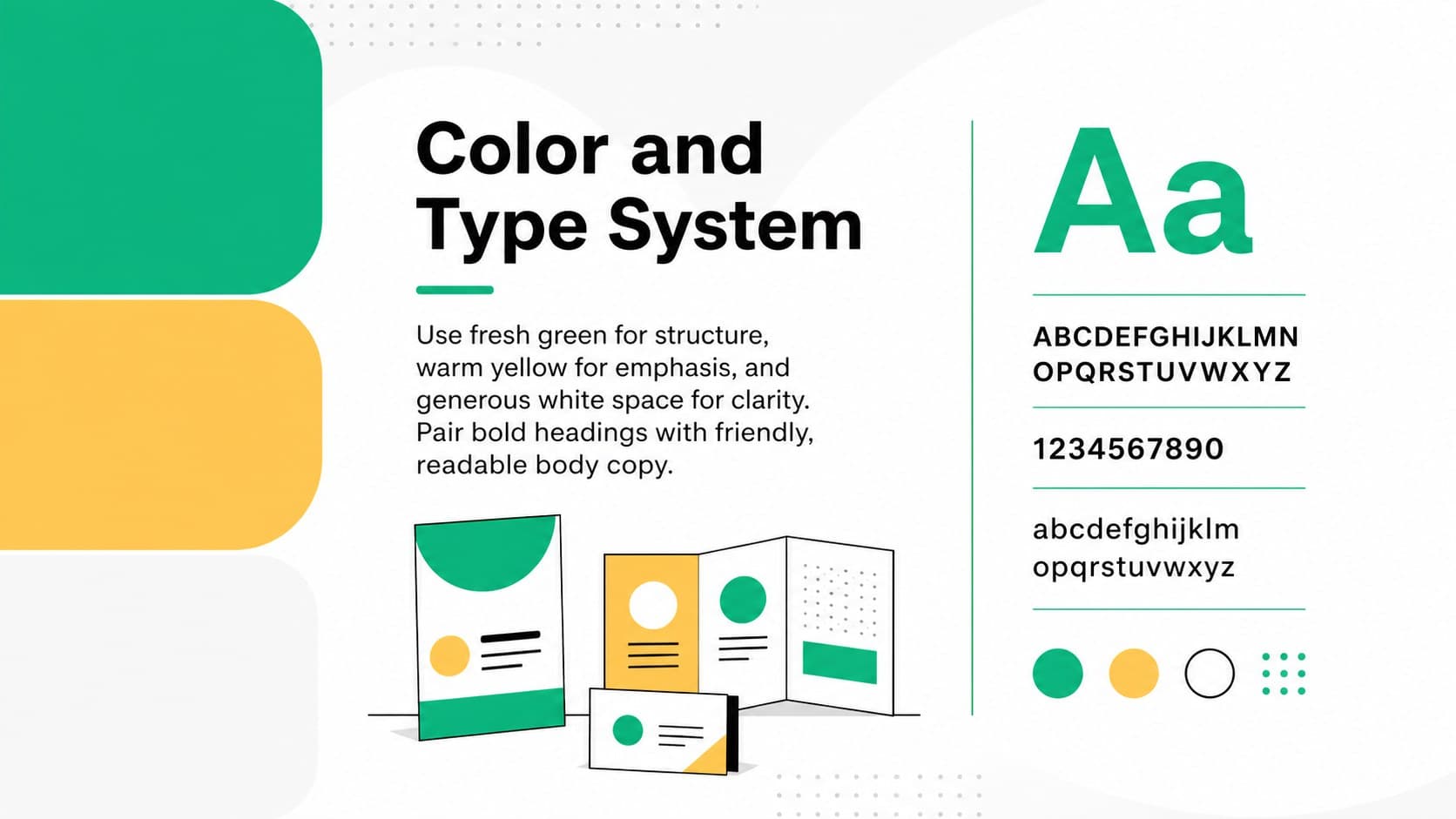 Brand visual strategy slide presenting green, yellow, and white color swatches with typography guidance.