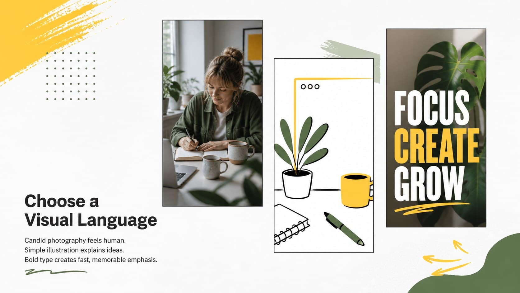 Creative direction deck slide comparing campaign photography, illustration, and graphic treatments.