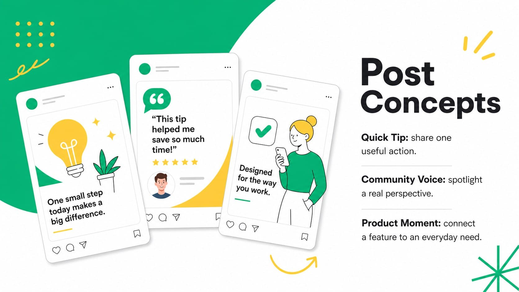 Illustrated social campaign slide deck page displaying three editable post concept mockups.