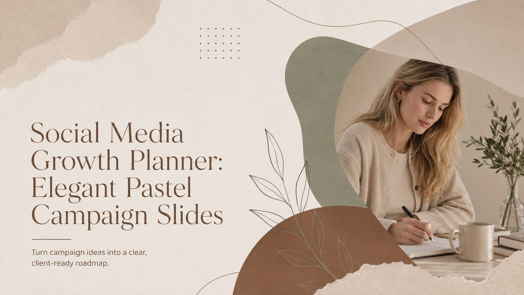 Cover of the Social Media Growth Planner with elegant beige, brown, and green pastel campaign graphics.