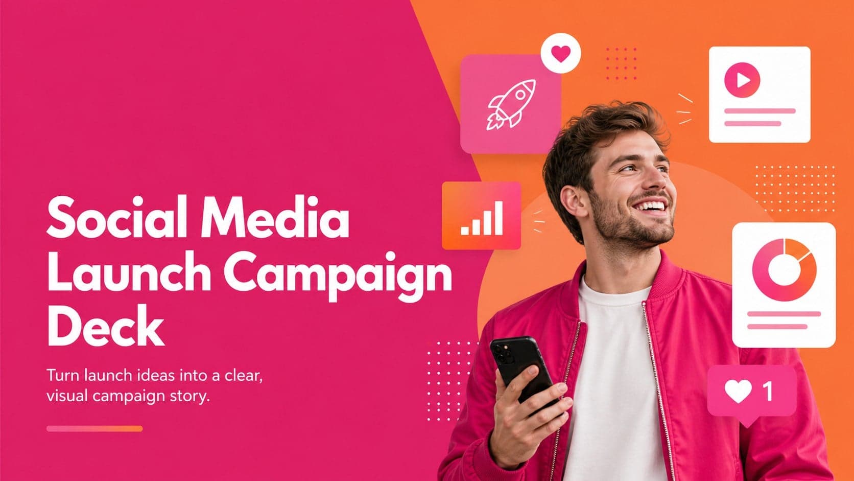Cover of a Social Media Launch Campaign Deck with bold pink and orange modern graphics.