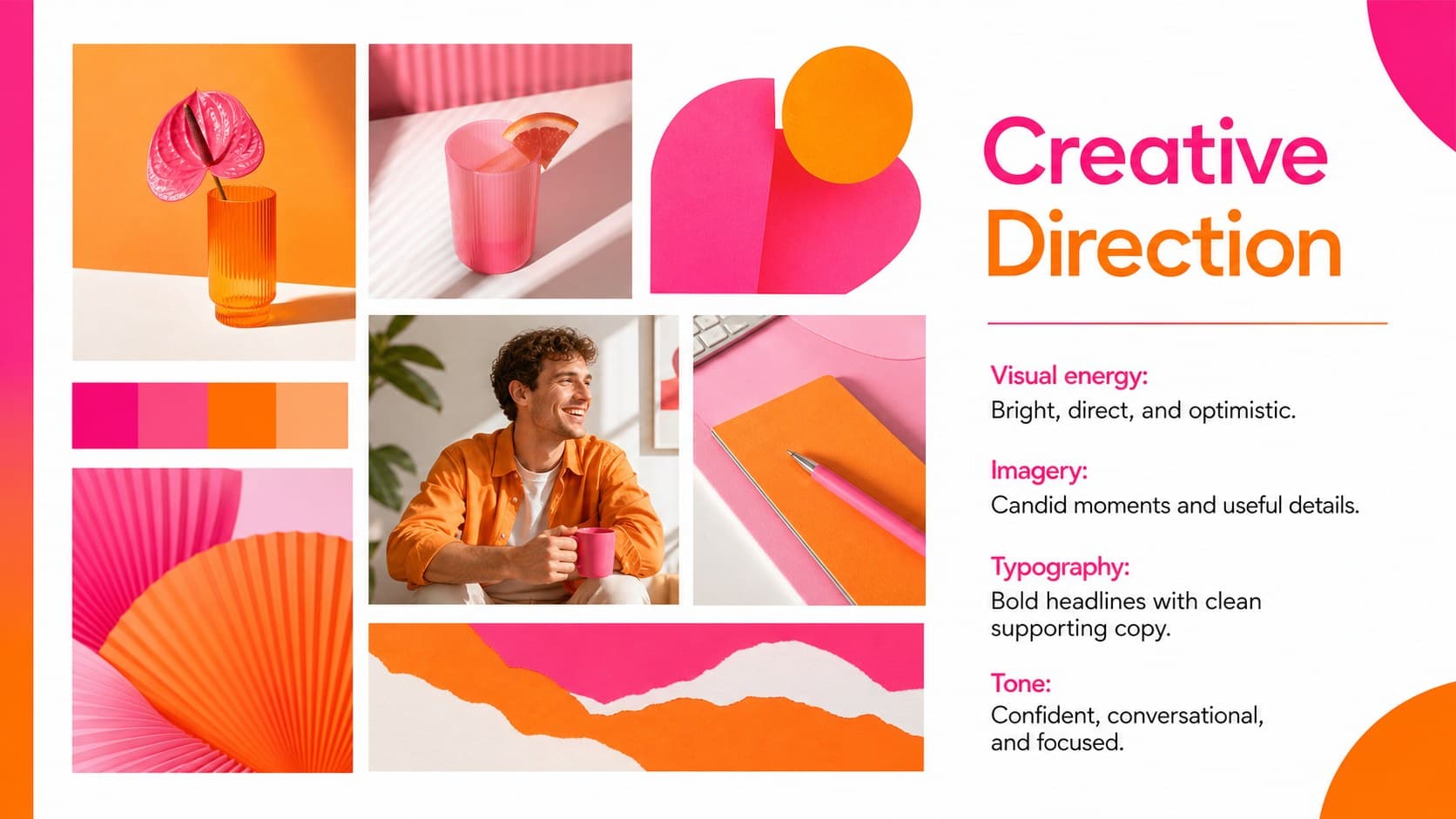 Creative direction slide defining visual energy, imagery, typography, and campaign tone.