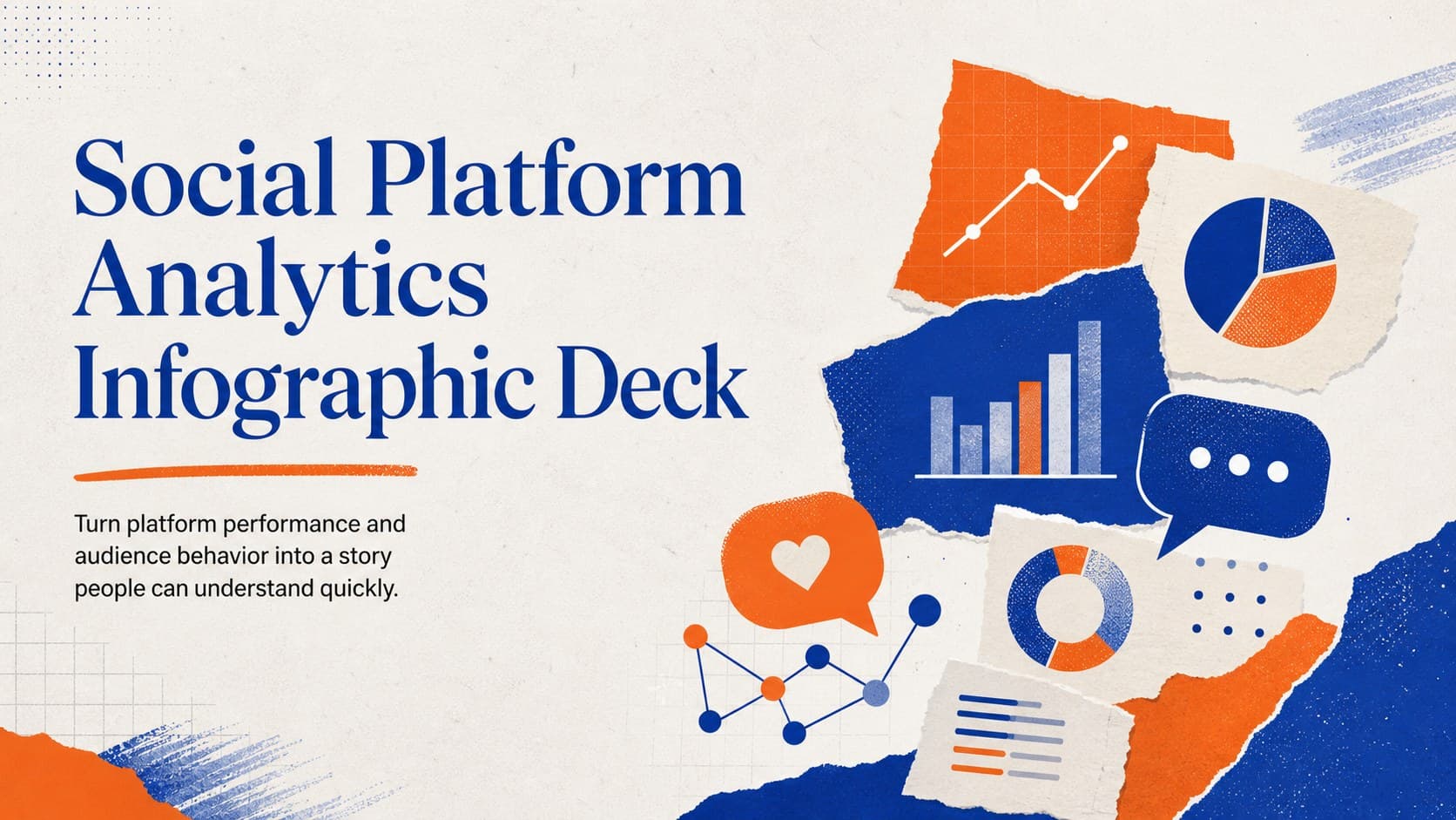 Cover of a social platform analytics infographic deck featuring bold collage typography and blue, orange, and beige paper textures.