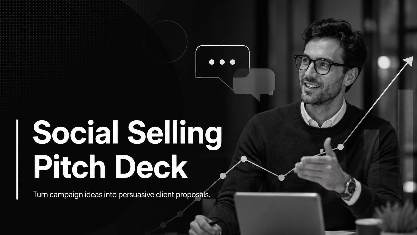 Monochrome cover for a Social Selling Pitch Deck with bold typography and abstract campaign graphics.