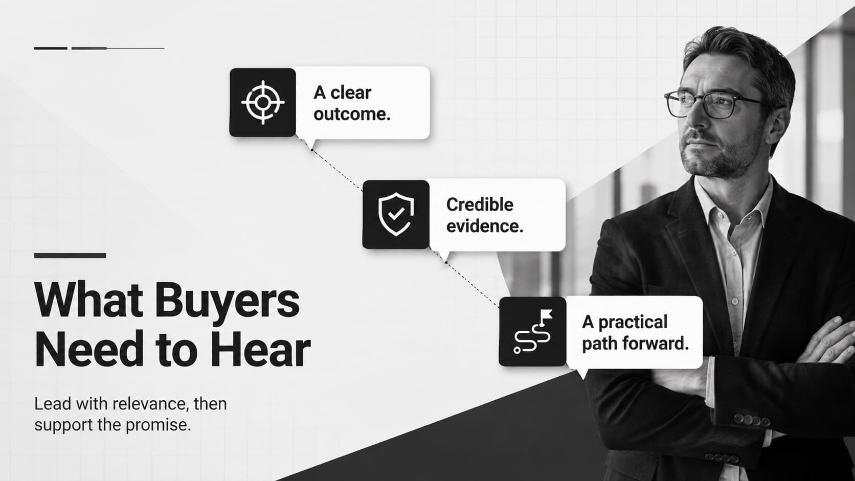 Digital campaign sales presentation slide matching buyer concerns with concise value messages.
