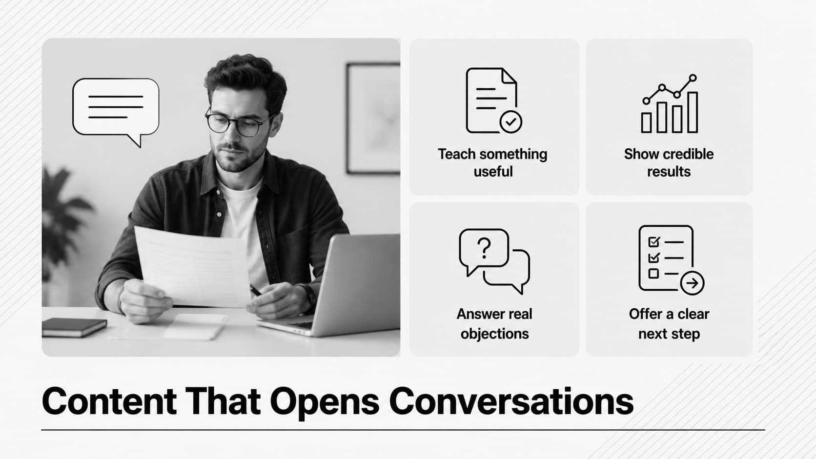 Social media lead generation deck slide organizing educational, proof, and offer-focused content.