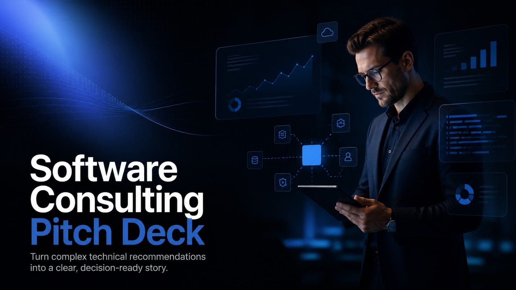 Black and blue cover for a software consulting pitch deck with a modern technology-inspired layout.