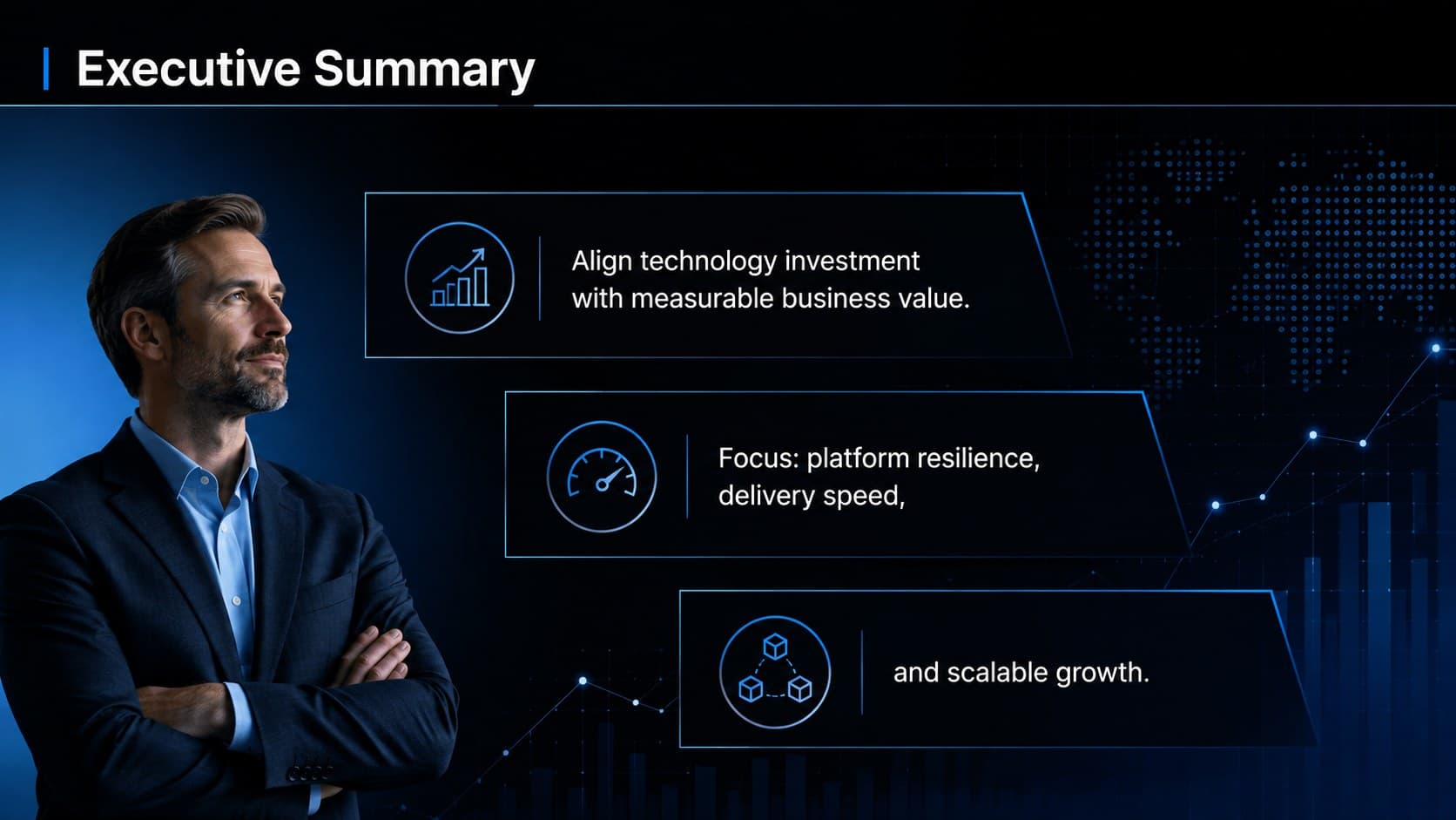 Executive summary slide outlining goals and outcomes for a software consulting proposal presentation.