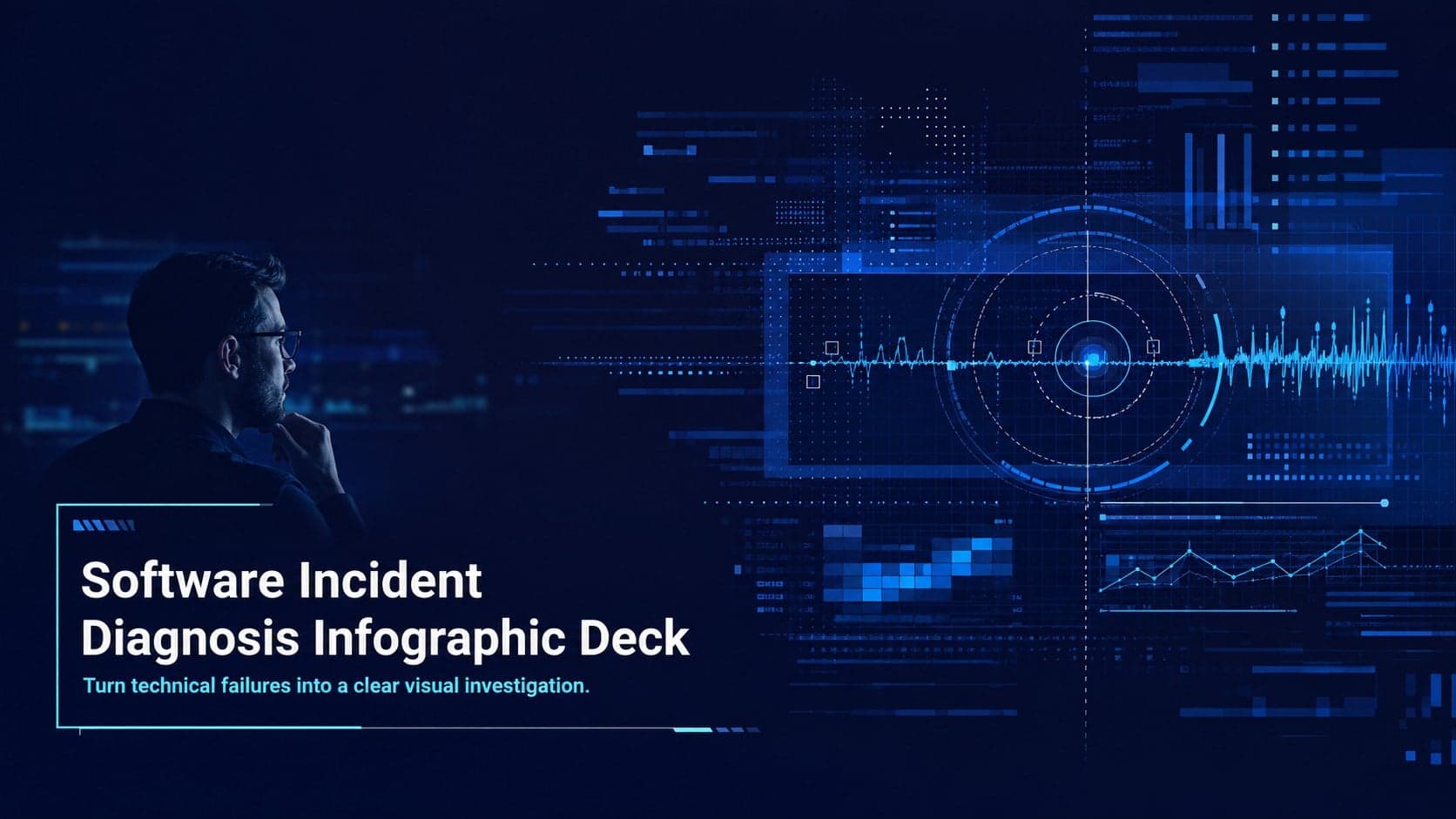 Cover for a software incident diagnosis infographic deck with dark blue glitch graphics and a concise investigation subtitle.