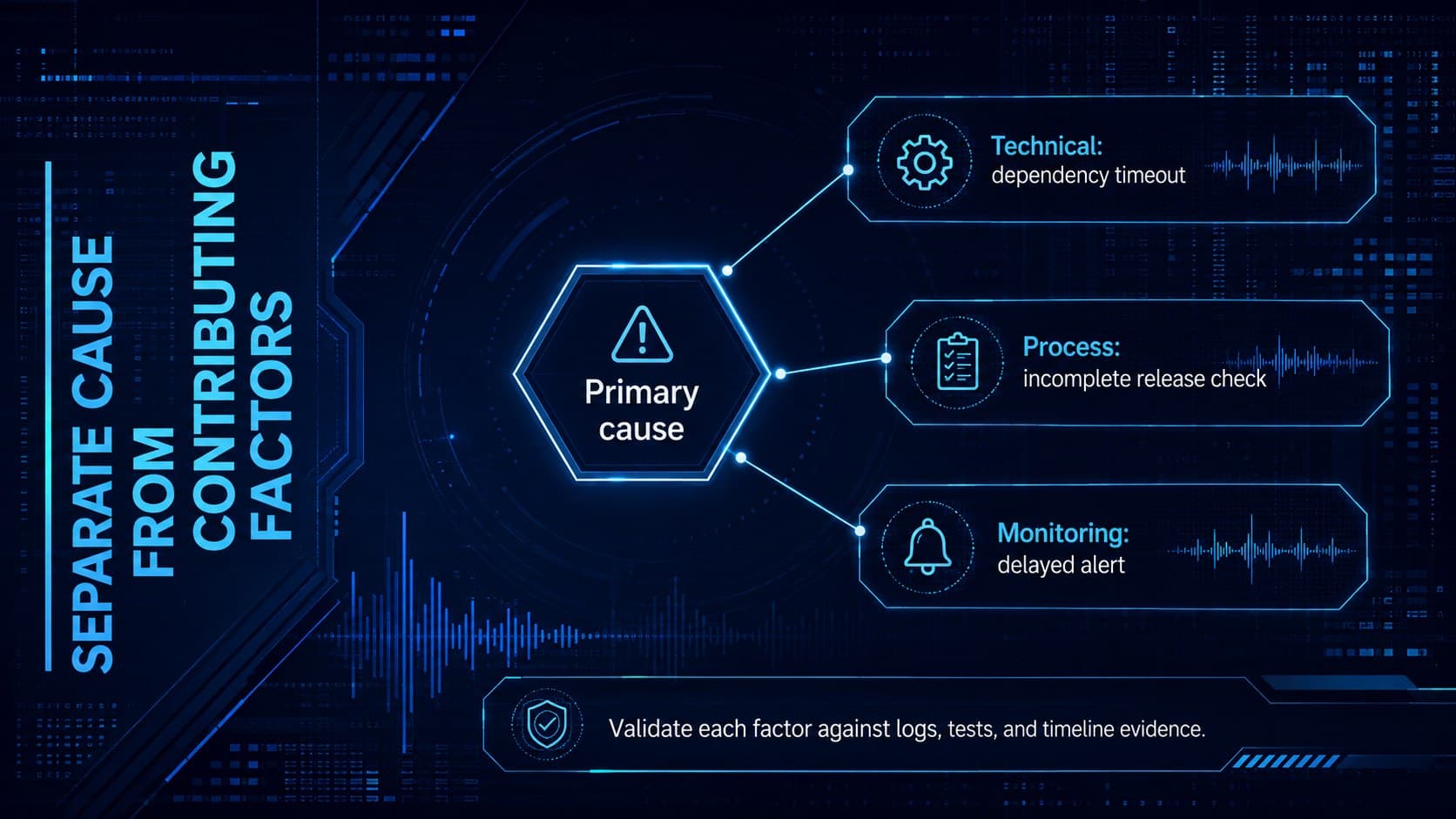 Software failure analysis diagram separating the primary cause from technical, process, and monitoring factors.