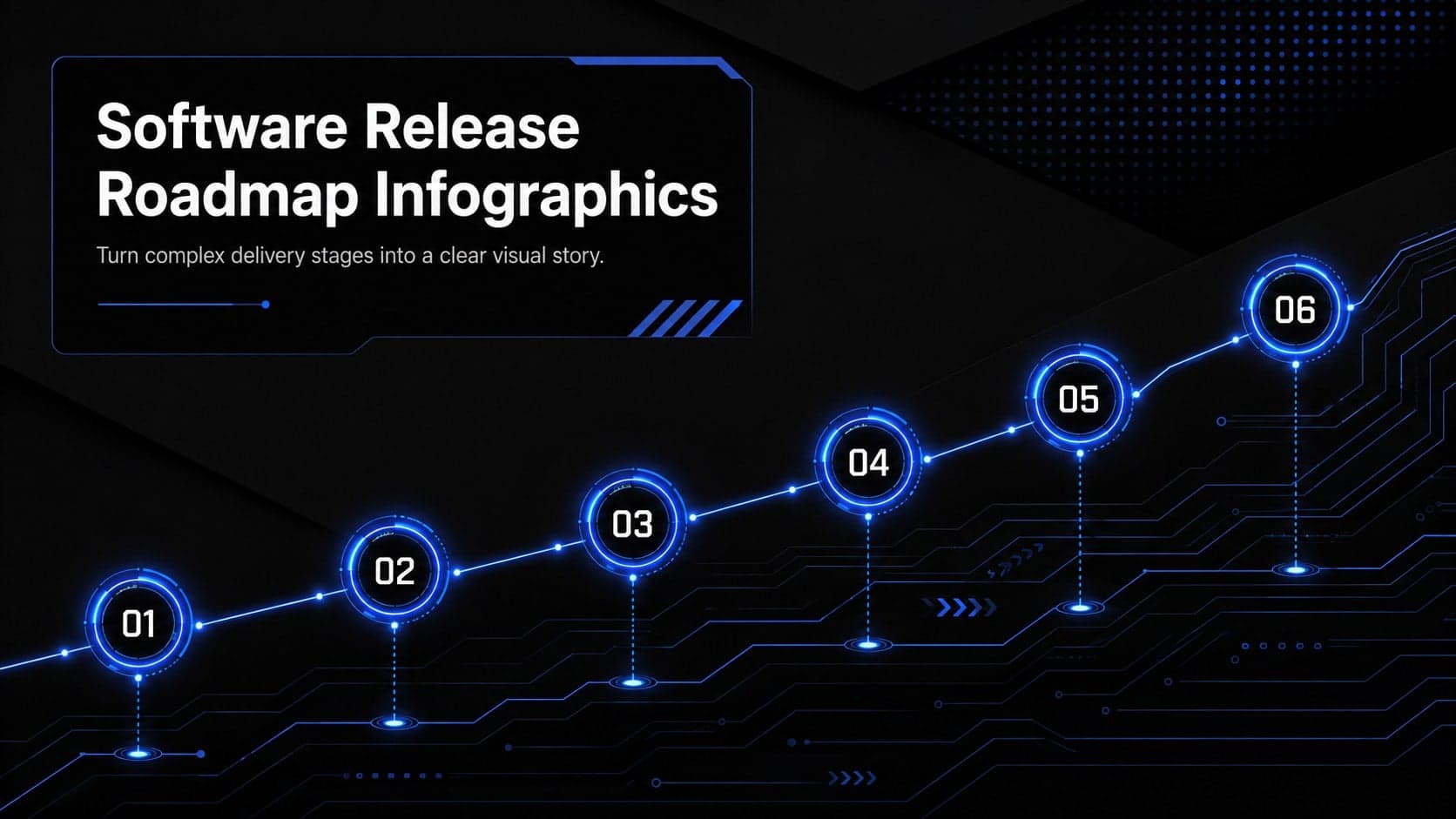 Dark blue and black cover for Software Release Roadmap Infographics with a structured technology timeline motif.