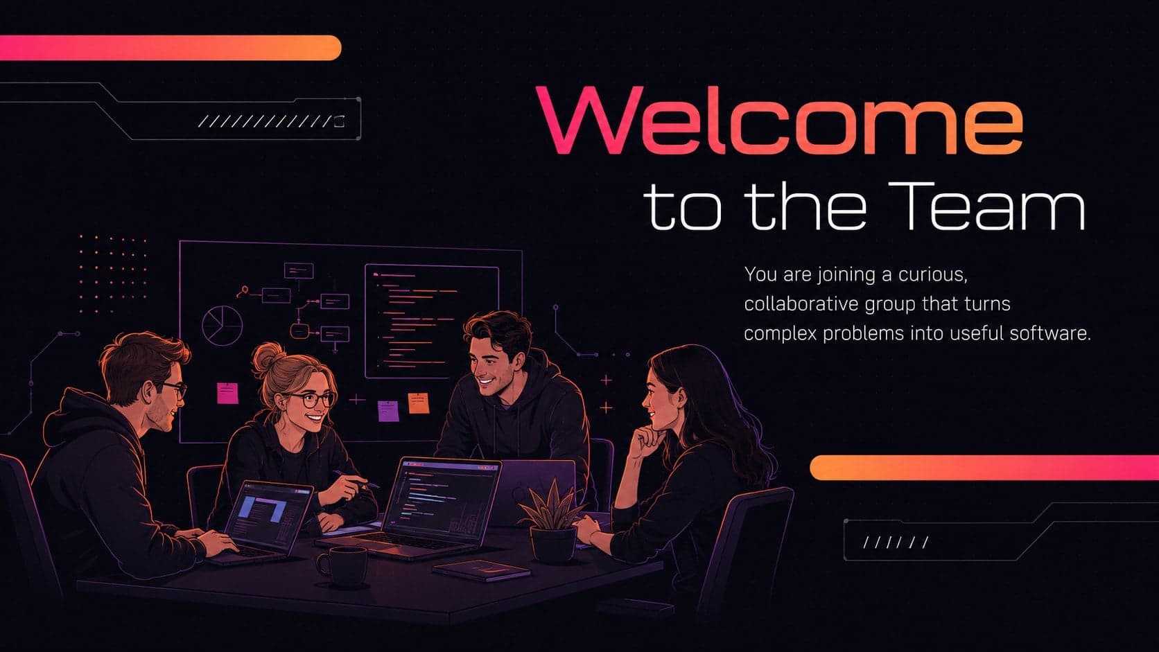 Engineering new hire orientation template featuring a welcome message and colorful original team illustration.