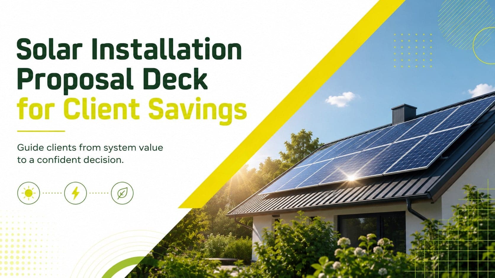 Cover of a solar installation proposal deck featuring modern solar panels in a bright green, yellow, and white layout.