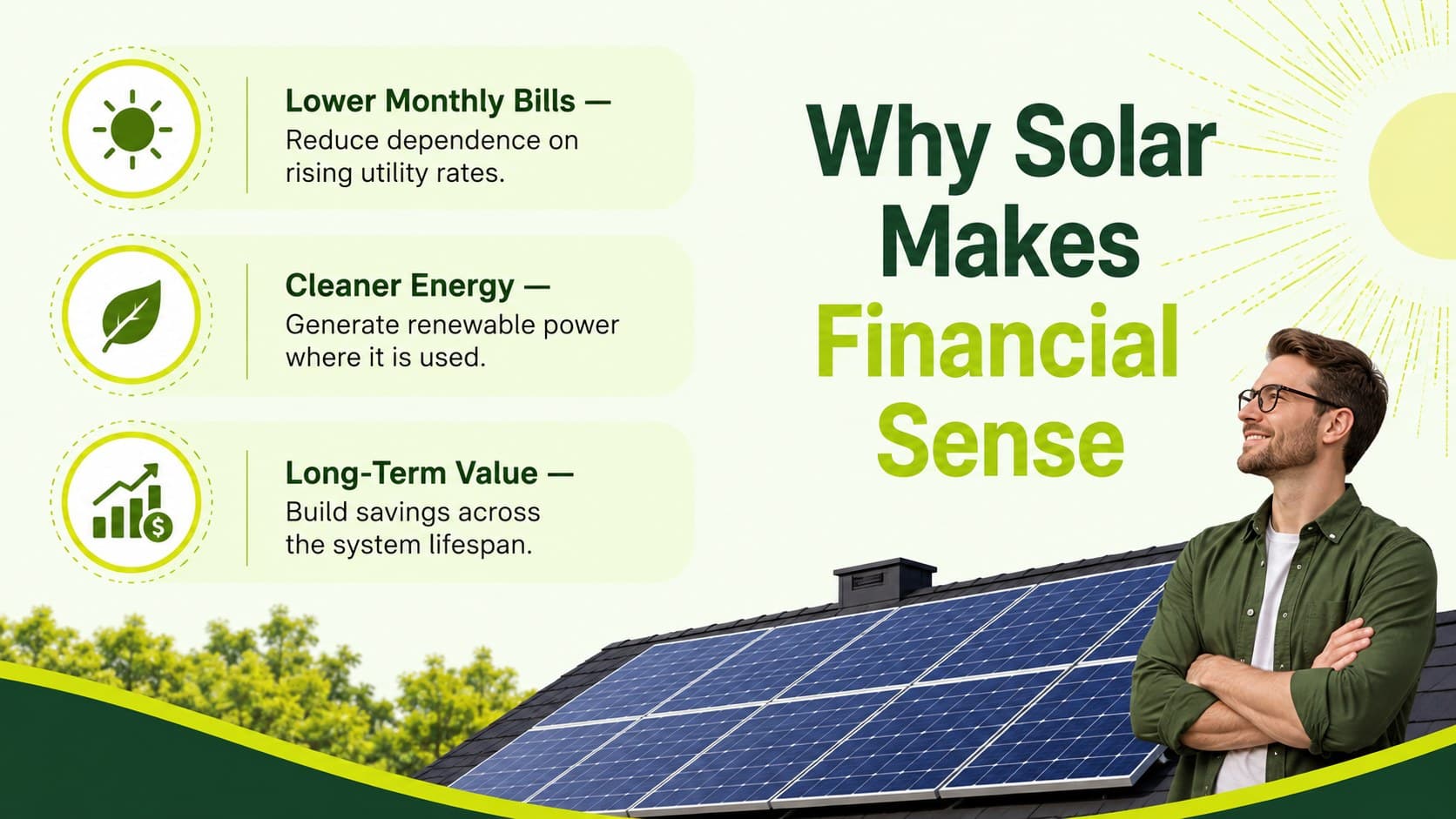 Solar proposal benefits slide summarizing lower bills, cleaner power, and long-term energy value.