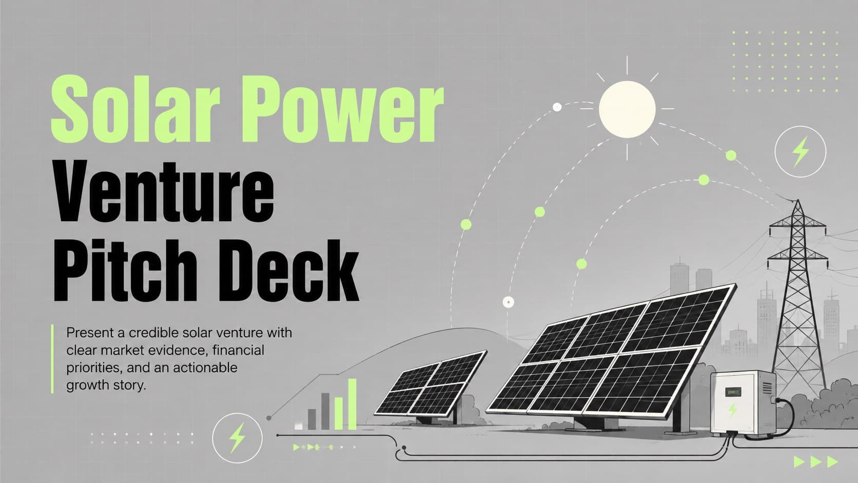 Cover of a grey illustrated Solar Power Venture Pitch Deck featuring photovoltaic panels and electrical infrastructure.