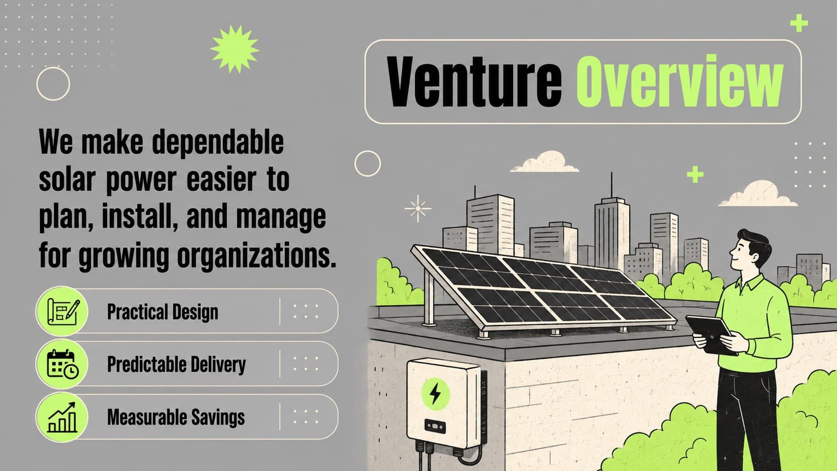 Solar venture overview slide summarizing the mission, opportunity, and business objective.