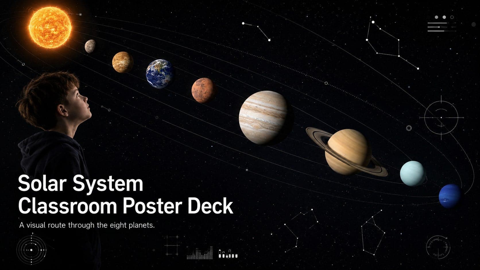 Solar System Classroom Poster Deck cover with dramatic planet imagery on a black astronomy background.