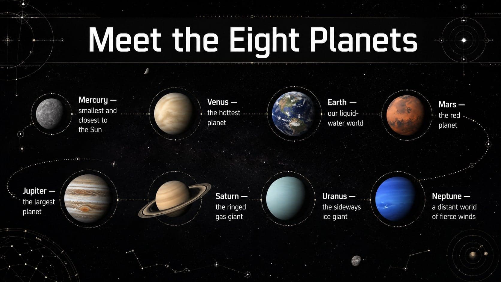 Eight planets visual guide presenting concise facts for a solar system classroom lesson.