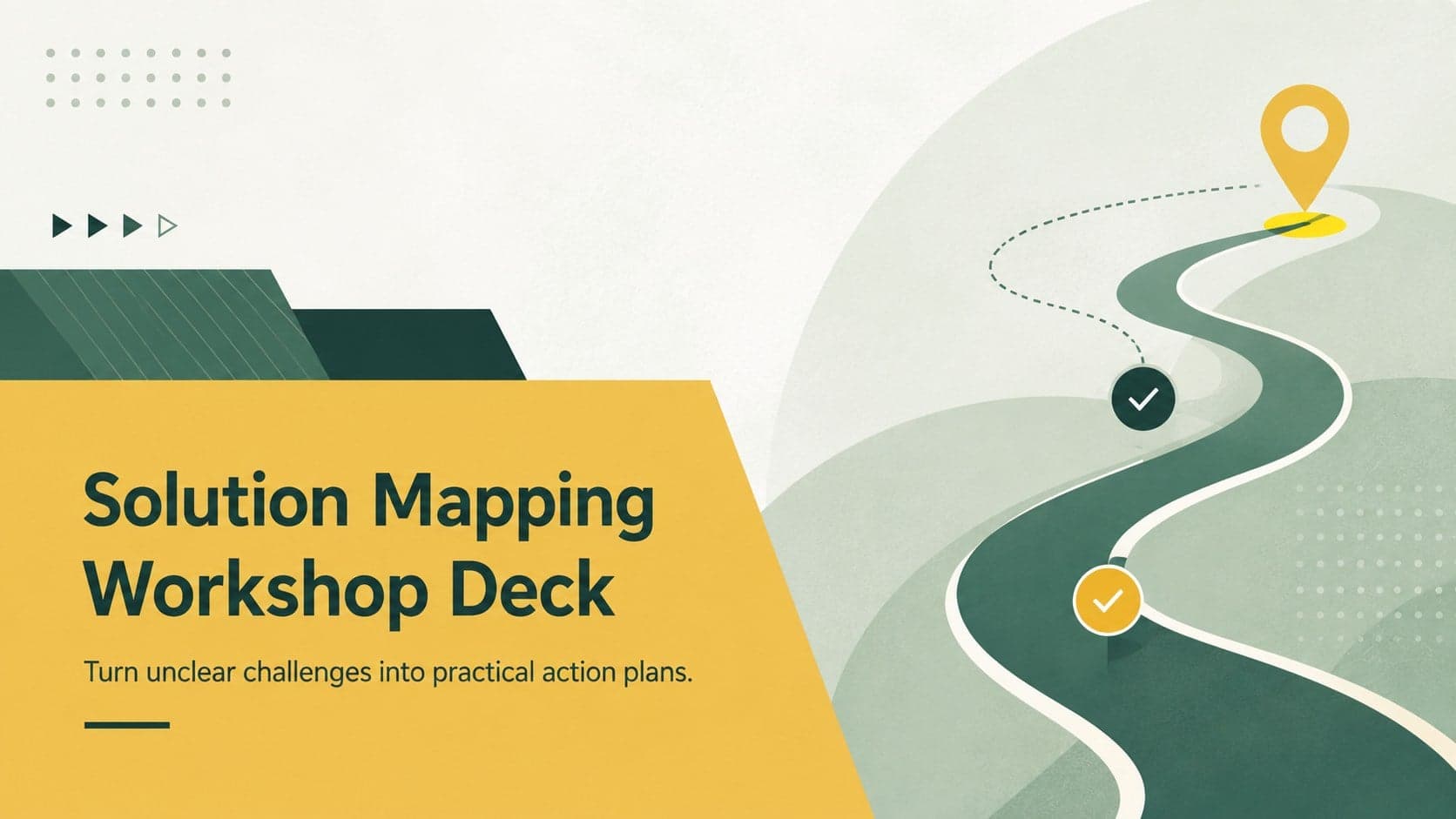 Green and yellow cover for the Solution Mapping Workshop Deck with bold geometric accents and a concise facilitation subtitle.