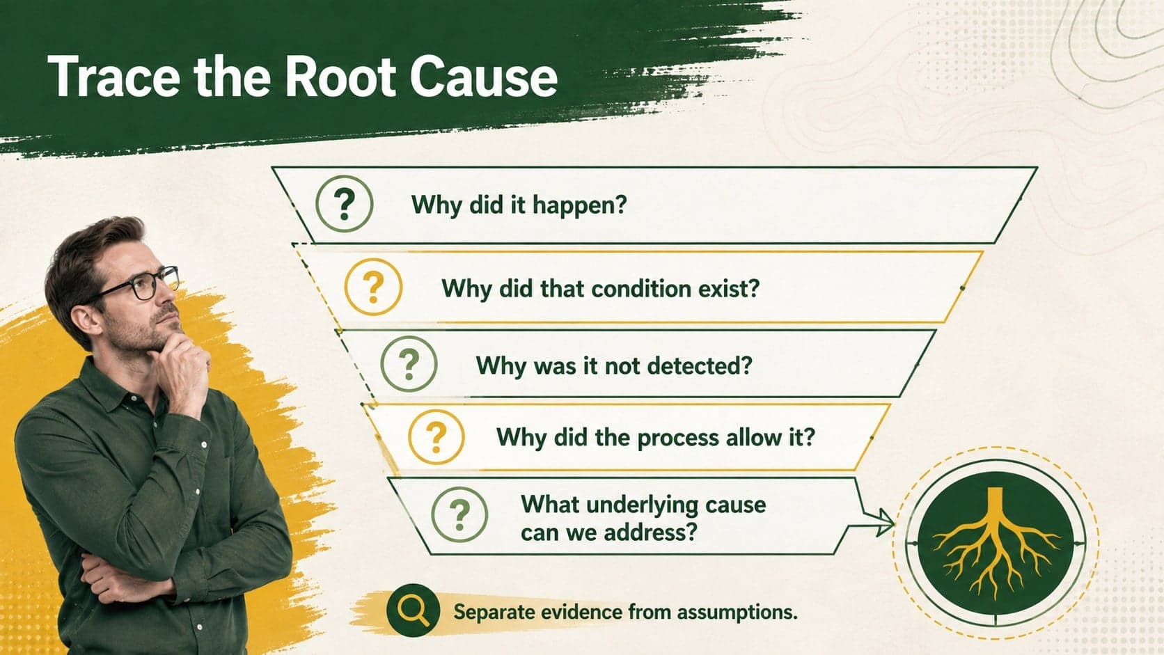 Root cause workshop presentation slide using a five-step why analysis to move from symptom to underlying cause.