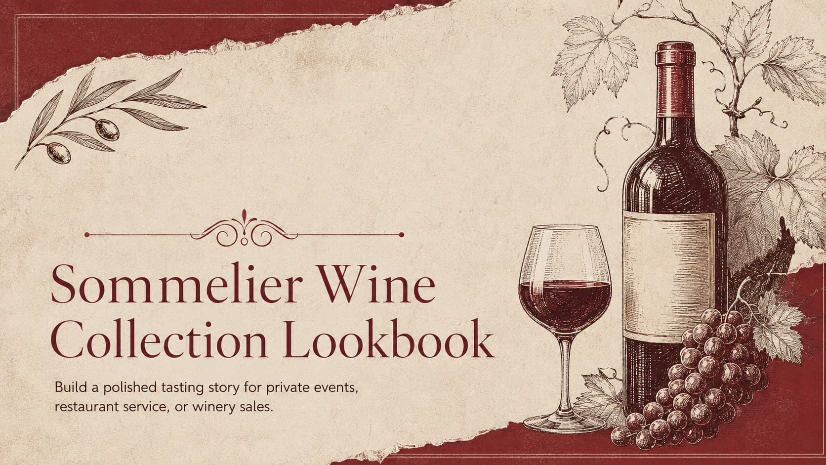 Cover of a sommelier wine collection lookbook with vintage bottle illustrations in an elegant red-and-beige palette.