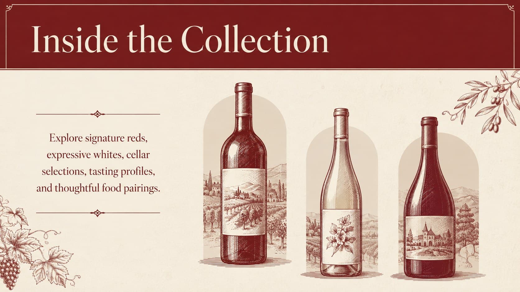 Wine collection overview slide presenting featured bottles and tasting categories for a winery product portfolio.