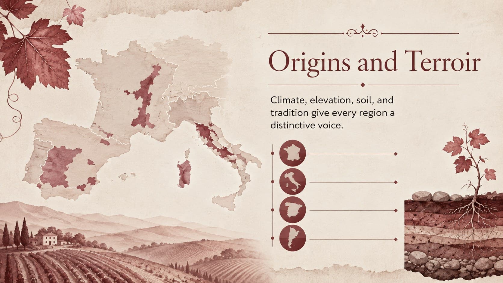 Vintage vineyard regions slide mapping the origins and terroir of wines in a sommelier tasting deck.