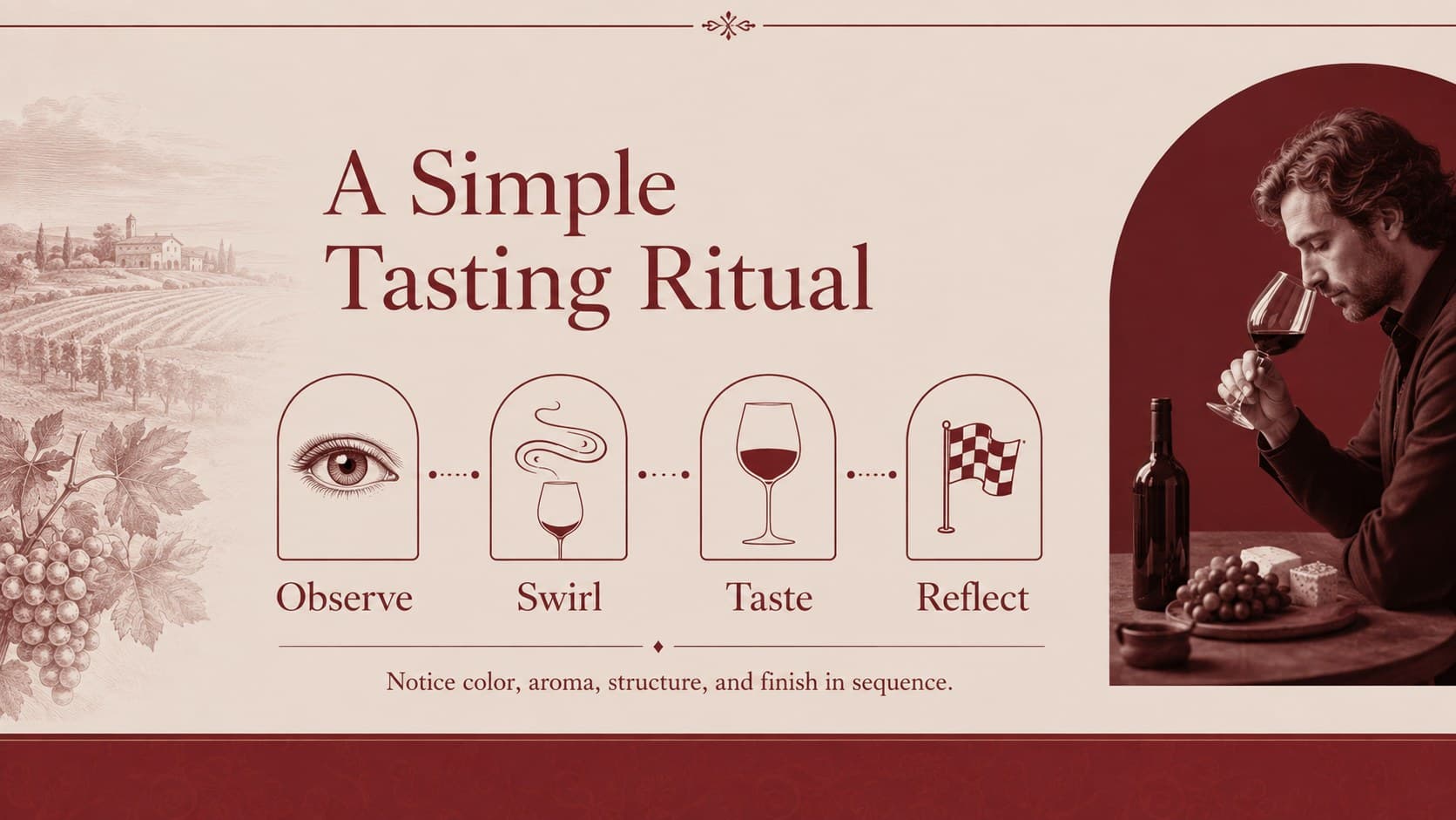 Guided wine tasting method slide with steps for observing color, aroma, structure, and finish.
