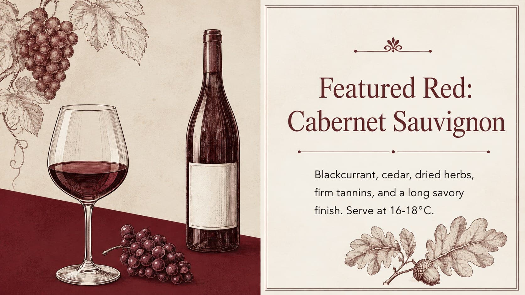 Featured red wine profile slide showing grape variety, origin, aromas, structure, and serving guidance.