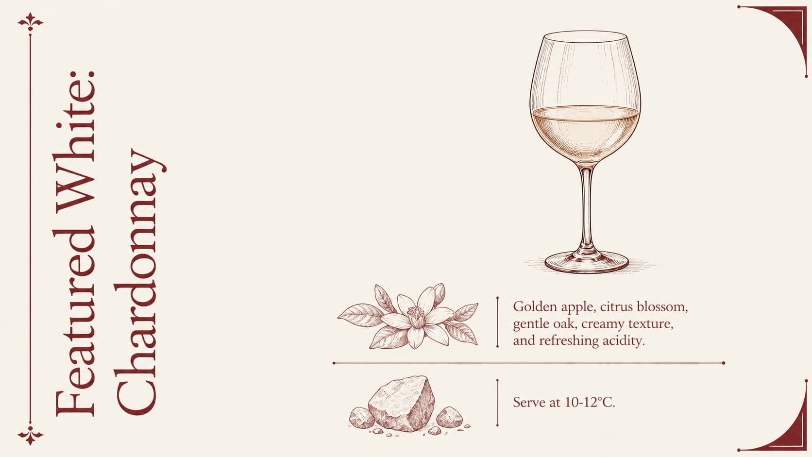 Featured white wine profile slide describing Chardonnay aromas, texture, acidity, and serving temperature.