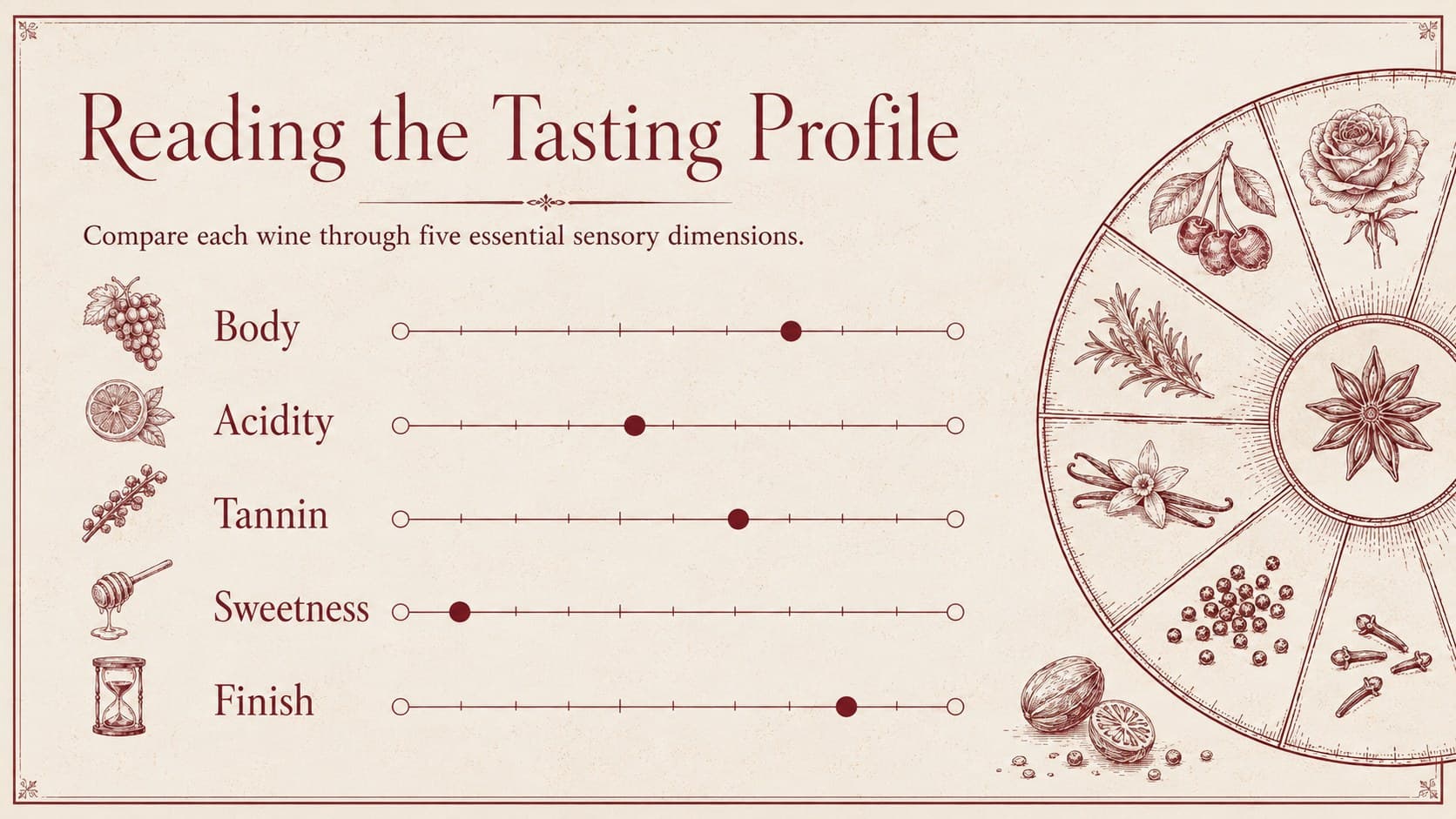 Sommelier tasting notes slide with visual scales for body, acidity, tannin, sweetness, and finish.