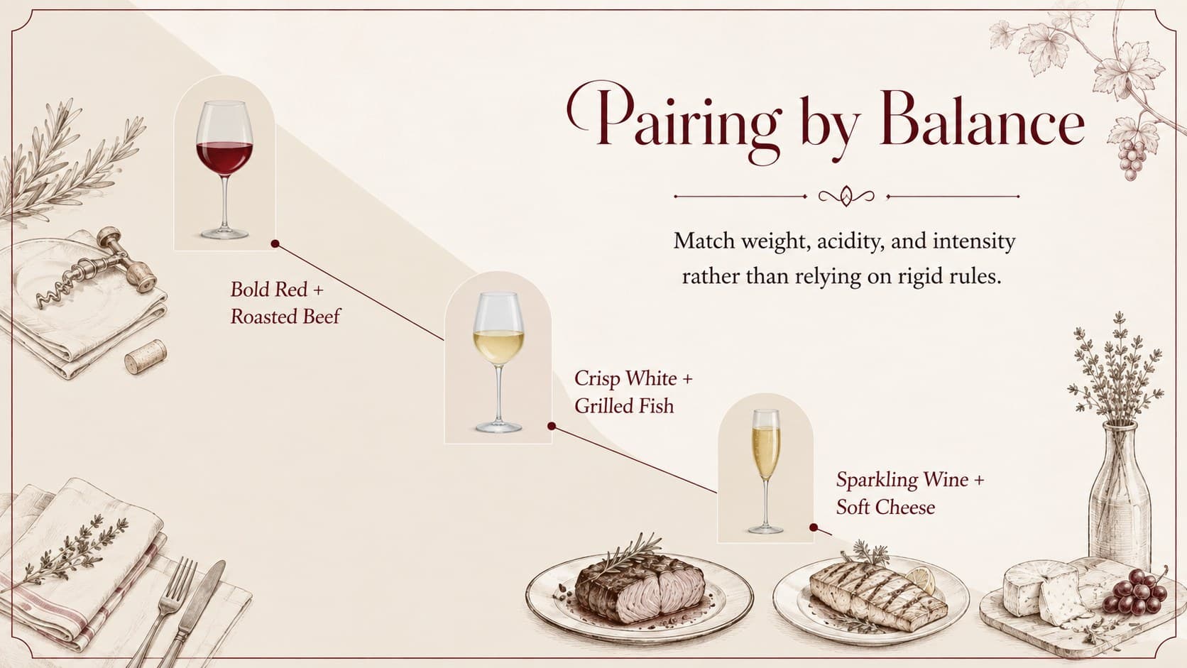 Food and wine pairing guide matching red, white, and sparkling selections with complementary dishes.