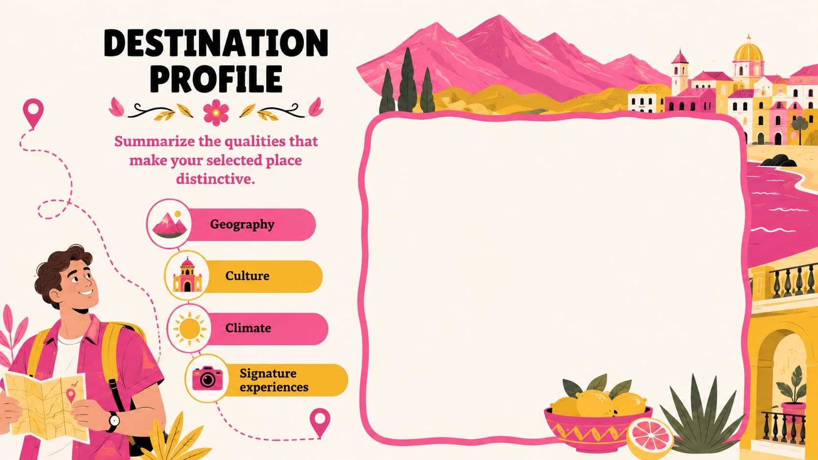 South America destination profile slide with space for geography, culture, climate, and signature experiences.
