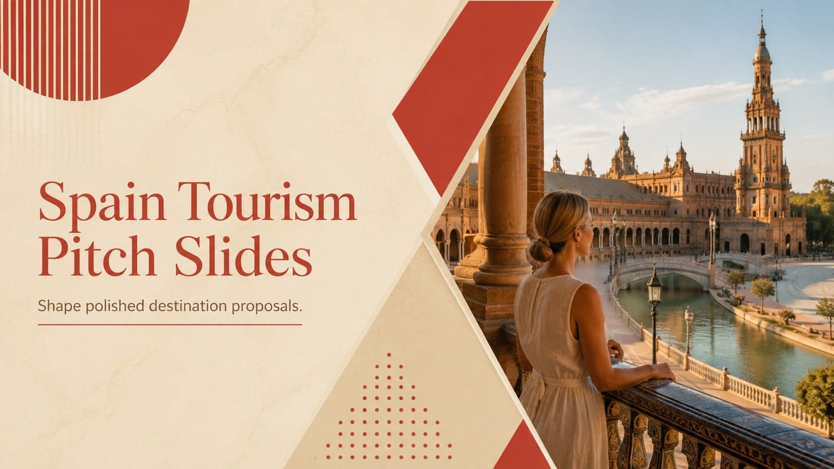 Cover for Spain Tourism Pitch Slides with refined red typography and Spanish destination imagery.