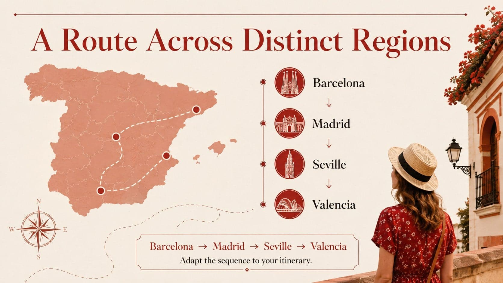 Regional route map layout for a Spanish travel itinerary slide deck.