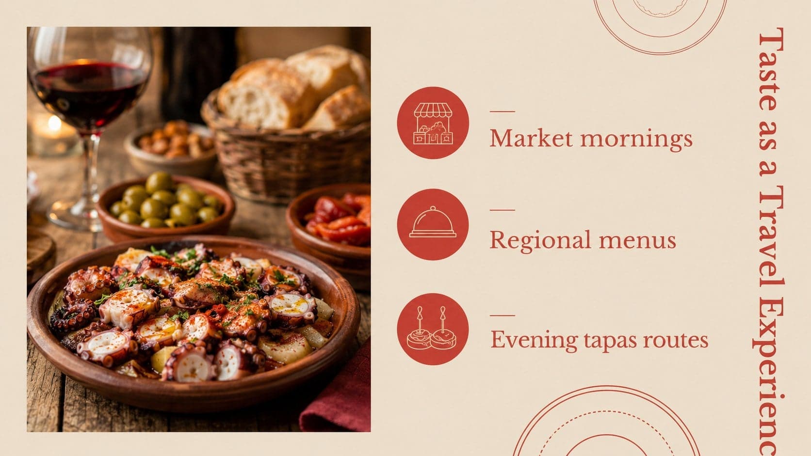 Spanish food tourism slide presenting three signature culinary experiences.