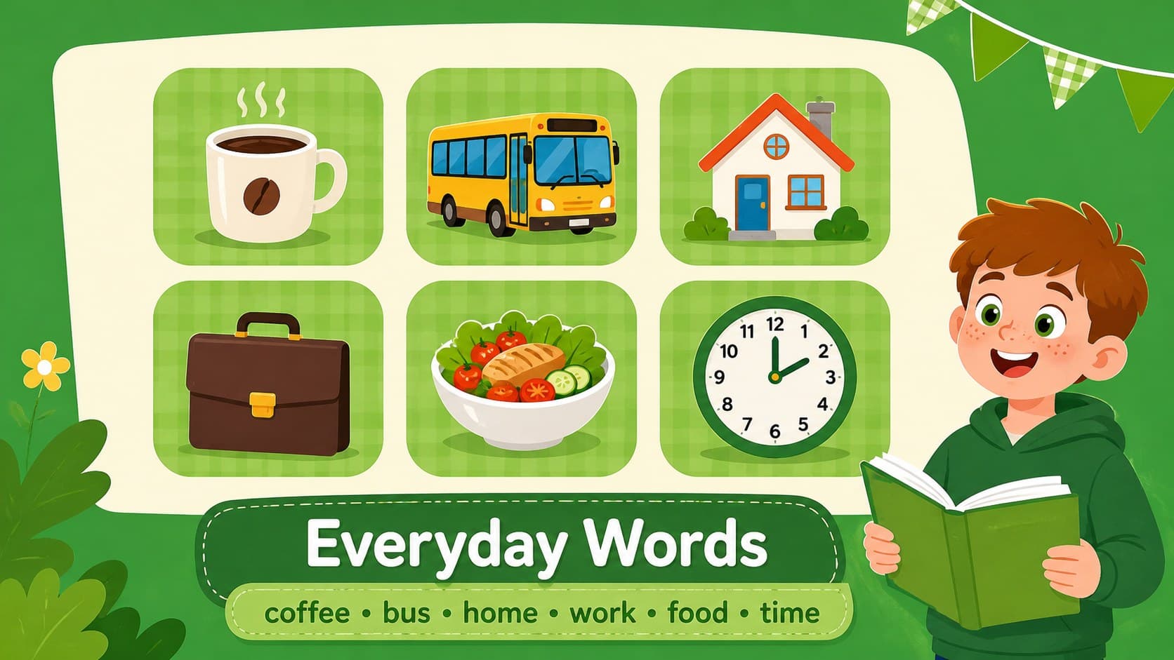 Vocabulary slide presenting everyday English words with illustrated objects and bilingual learning cues.