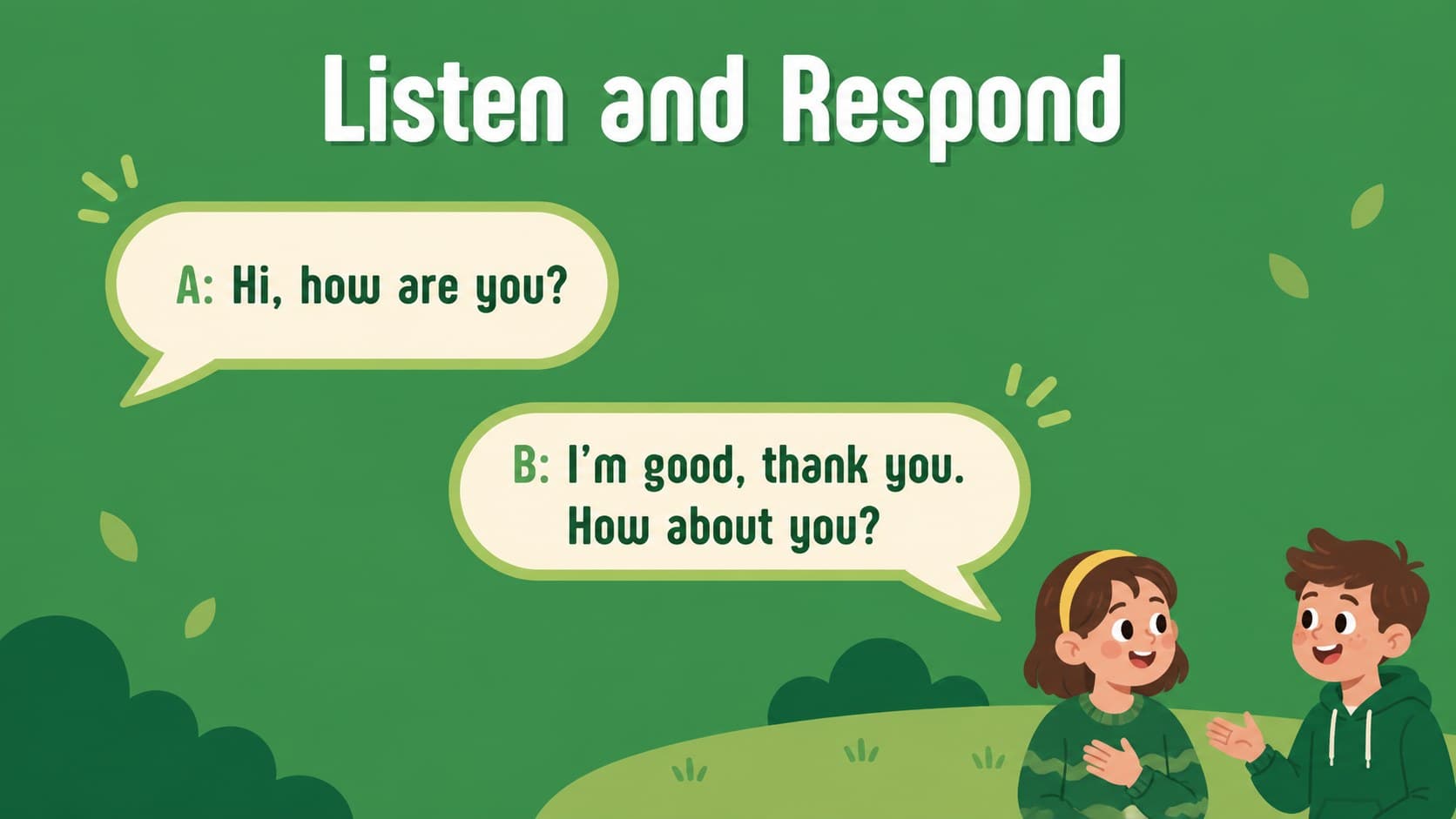 Dialogue model slide illustrating a short English exchange between two original illustrated speakers.