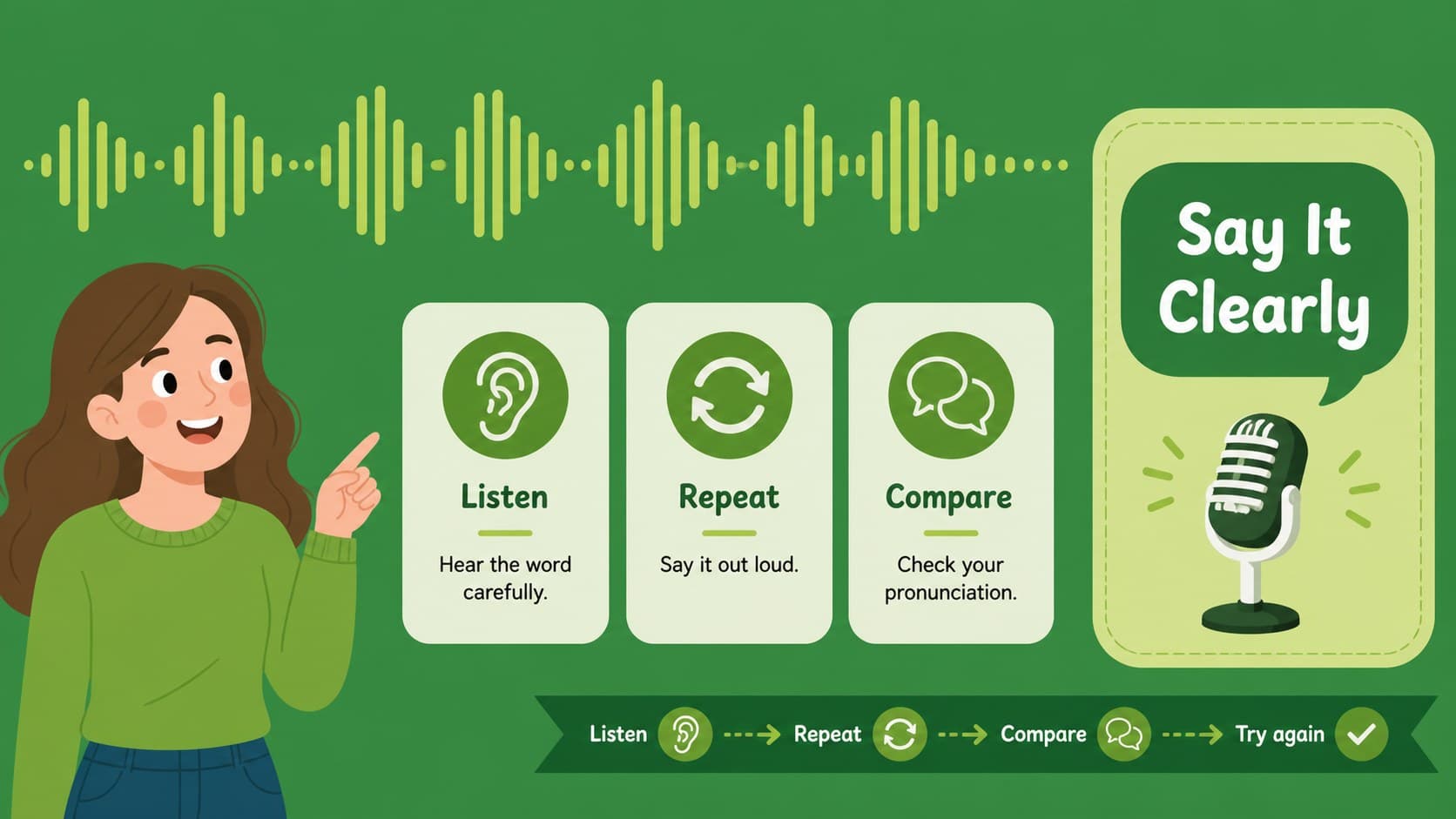 Pronunciation practice slide highlighting clear sounds and repeat-after-me speaking exercises.
