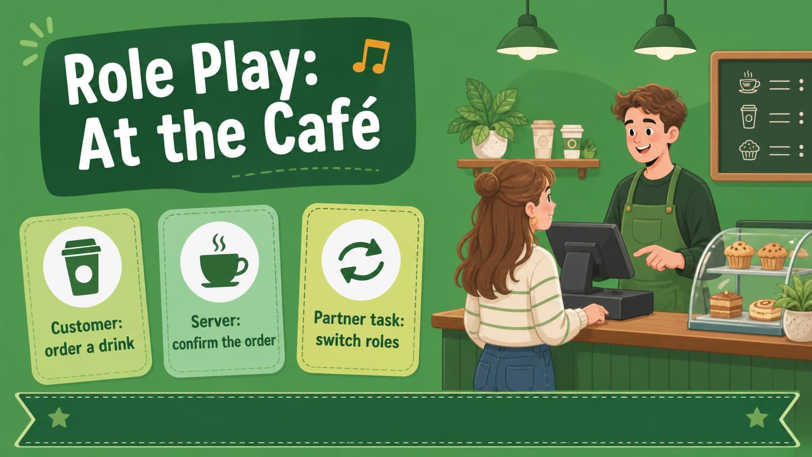 Role-play activity slide for practicing an English café conversation in pairs.